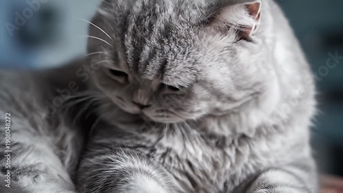 Close-up portrait of a beautiful and fluffy Scottish Fold cat with grey fur, looking down with gentle eyes