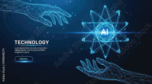 A futuristic technology graphic with glowing blue lines and hands