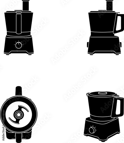 Professional Food Processor Silhouette Vector Icon Set: Modern Kitchen Appliance Black Glyph Illustrations for Cooking, Blending, Chopping, and Meal Preparation Graphic Design Elements