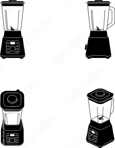 Premium Kitchen Blender Vector Icons Set | Four Monochrome Variations of Food Processor Appliances | Outline and Silhouette Styles for Smoothie, Mixing, and Cooking Technology Graphics
