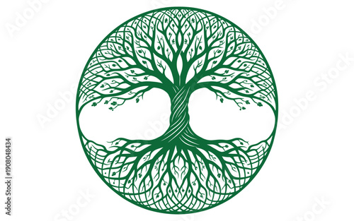 Intricate green tree of life illustration in oval frame