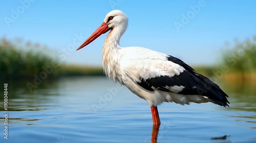 Majestic white stork stands gracefully in the tranquil waters of its natural wetland habitat, surrounded by lush green reeds under a clear blue sky, embodying serene wildlife