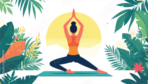 vector Illustration of a woman in a yoga pose surrounded by lush greenery and a bright yellow sun