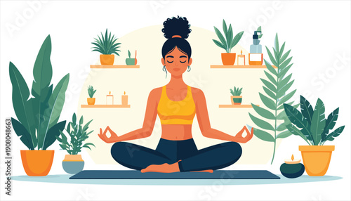 vector Woman Practicing Yoga Among Potted Plants