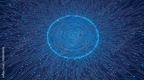 A blue circle with lines and dots on a dark background