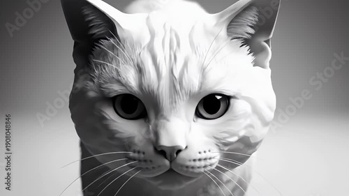 Captivating close-up portrait of a domestic cat's face, rendered in a striking monochrome palette, showcasing its serene expression and direct gaze