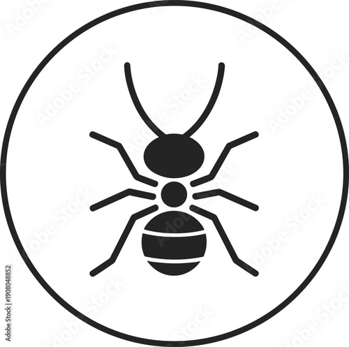 Ant insect round icon vector, simple flat bug symbol, minimal circular badge design, black and white illustration