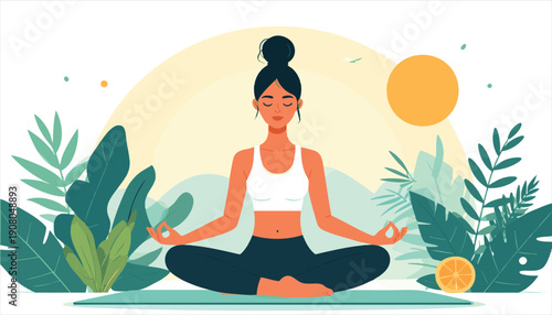 vector Woman Meditating in Lotus Position Surrounded by Leaves