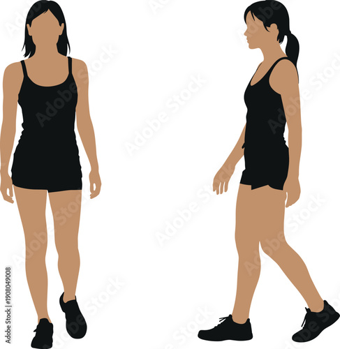 Female walking vector illustration set, front side views, realistic woman body proportions, fitness lifestyle character design flat modern isolated background