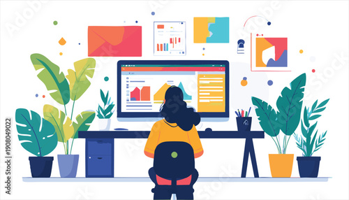 vector Illustration of a woman sitting at a desk analyzing data on her computer surrounded by plants