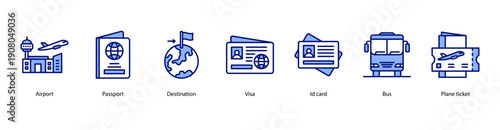 Immigration and Travel Essentials web banner vector illustration featuring Airport, Passport, Destination, Visa, ID card, Bus, and Plane ticket.