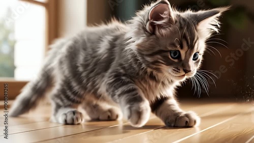 An adorable fluffy tabby kitten with bright blue eyes takes its first curious steps on a warm wooden floor, embodying the innocence and playful spirit of a young domestic pet