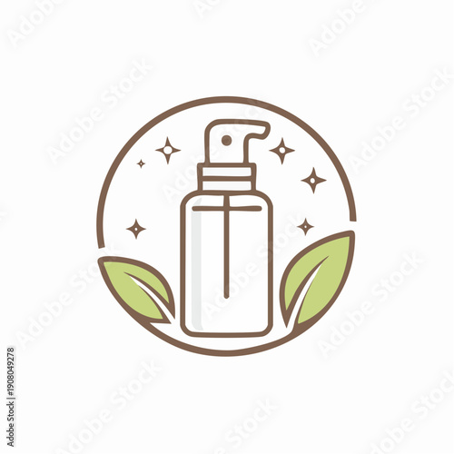 Stylized illustration of a clear pump bottle for skincare, lotion, or sanitizer, adorned with green leaves and sparkles, symbolizing natural and organic beauty products concept