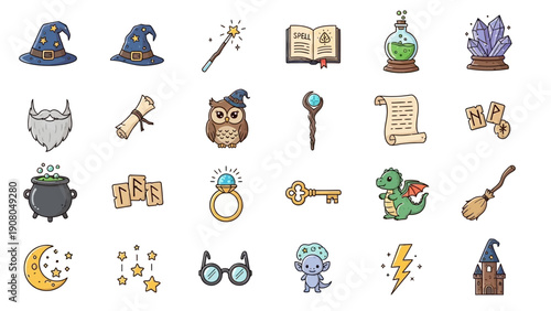 Magical fantasy icons for wizardry and enchantment