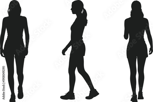 Female walking silhouette icons set, woman body poses collection, casual motion figures, fitness lifestyle black flat vector illustration design pack