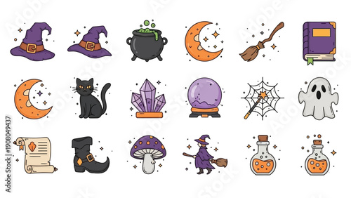 Collection of cute magic and Halloween witchcraft doodle icons.