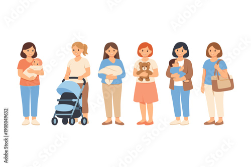 Diverse group of women with babies and young children in various outfits