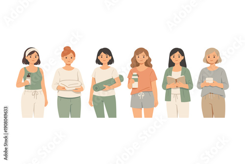 Group of young women holding everyday objects in casual clothing