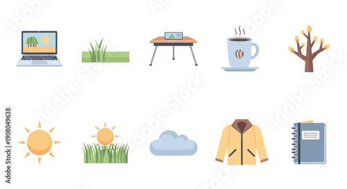 Autumn Work From Home Icons: Laptop, Coffee, Jacket, Tree, Sun, Cloud, Desk