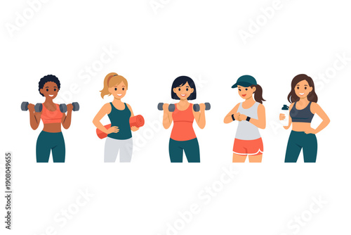 Group of diverse young women exercising with weights and yoga mat