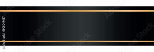 Black ribbon banner with gold frame on white background. Long black colored ribbon banner. Vector