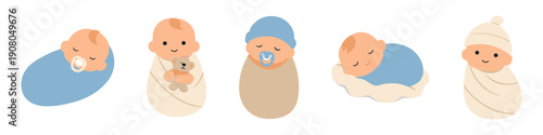 Cute cartoon babies with pacifiers and teddy bears in blue and beige blankets