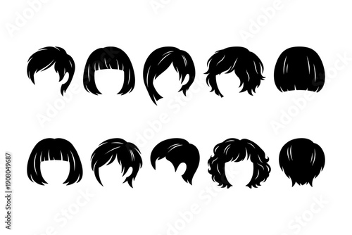 Vector set of silhouette women's hairstyles with short and medium lengths