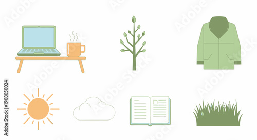 Cozy Spring Icons: Laptop, Coffee, Tree, Jacket, Sun, Cloud, Book, Grass