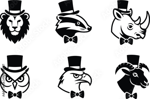 Gentleman animal silhouette icons set, elegant wildlife mascots wearing hats and bow ties, vintage logo style flat vector illustration