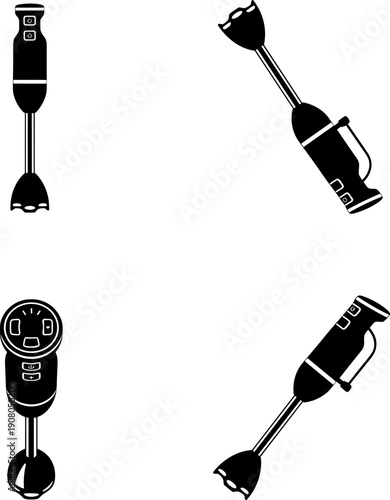 Comprehensive Set of Immersion Blender Icons: Black Silhouette Vector Graphics for Kitchen Appliances, Cooking Tools, and Food Preparation Design Elements
