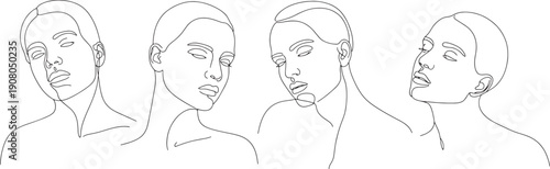 Four minimalist line art illustrations of woman faces in different poses
