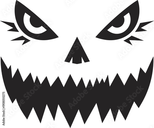 Scary Halloween pumpkin face silhouette, creepy jack o lantern expression, spooky horror mask design, flat vector illustration icon isolated art