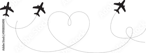 Three airplanes flying in curved dotted line paths on white background