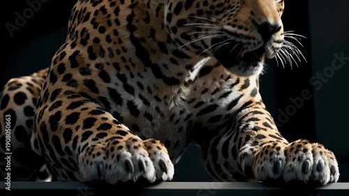 Close-up of a majestic jaguar with intricate spotted coat, showcasing its powerful paws and alert expression