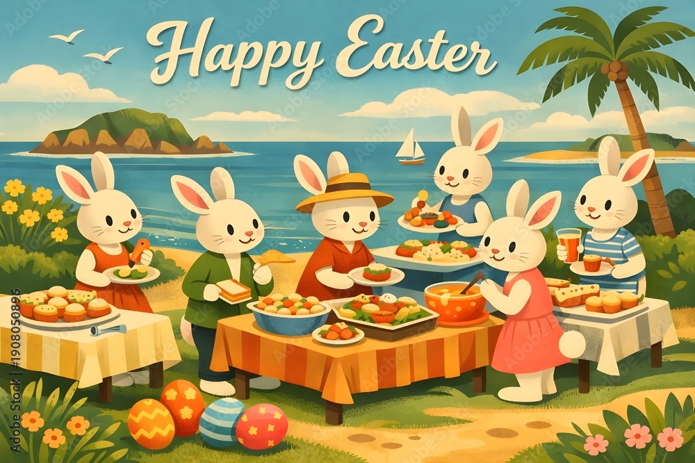 Fototapeta premium greeting card design of easter bunny party at shore with bauhaus style