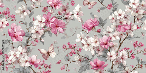 Elegant vintage floral pattern with soft blue and cream peonies and greenery