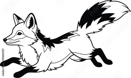 Dynamic illustration of a fox in motion, running with a bushy tail, black and white graphic style.