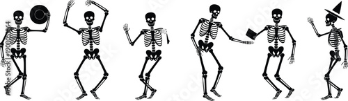 Dancing skeleton silhouette icons set, funny Halloween spooky characters collection, human skull bones poses, cartoon flat vector illustration design pack