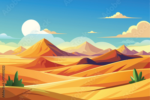 Vast Desert Landscape Vector Illustration with Sand Dunes, Mountains, and Blue Sky