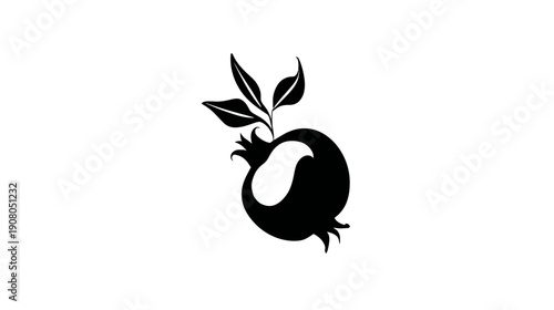 A simple, black silhouette of a fruit with leaves, appearing to be a pomegranate