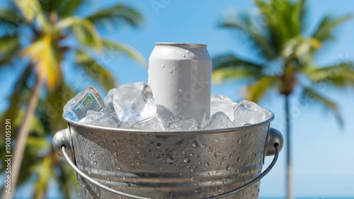 hand lowering a blank soda can into a galvanized metal ice bucket