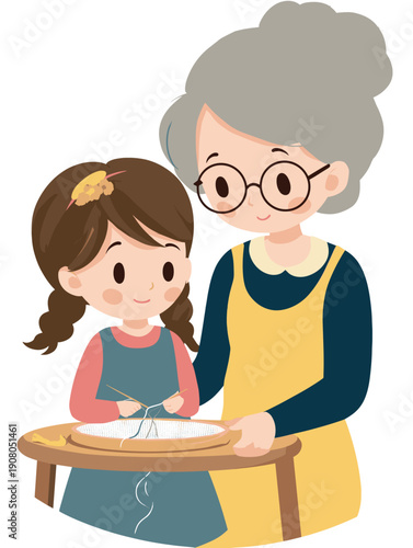 A senior woman teaches her granddaughter cross stitching - relationship across generations and bonding