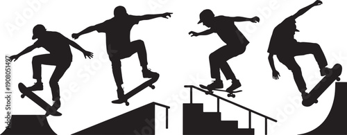 Silhouette of skateboarders performing tricks on ramps and rails skatepark