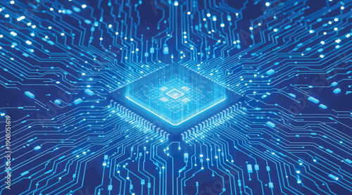 A blue circuit board with a glowing microchip