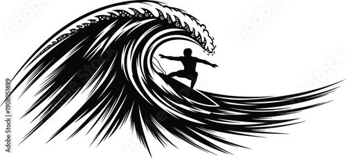 Extreme surfing athlete riding giant ocean wave silhouette, tropical sea beach adventure, cad drawing flat vector illustration for summer sports