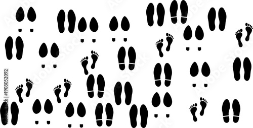 Collection of Black Human Footprint Icons on White Background - Representing Steps and Movement