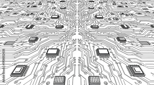 A black and white image of a circuit board with many microchips