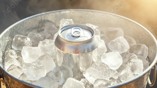 hand placing an unbranded aluminum drink can into a metal bucket full of ice