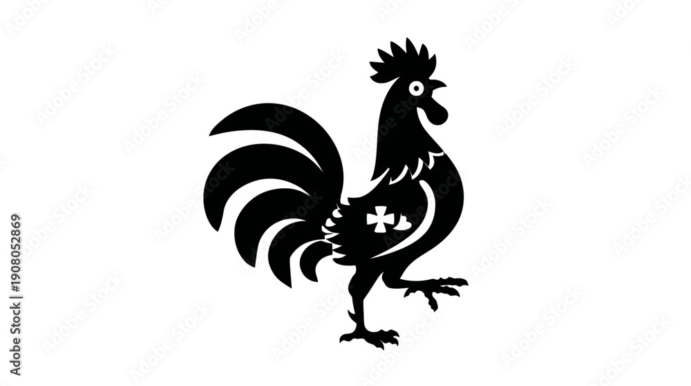Obraz premium A black silhouette of a stylized rooster standing proud with a cross shape on its chest