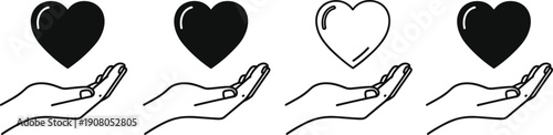 Hand holding heart silhouette set, kindness and charity symbols for love, care, healthcare, and donation projects, cad drawing flat vector illustration